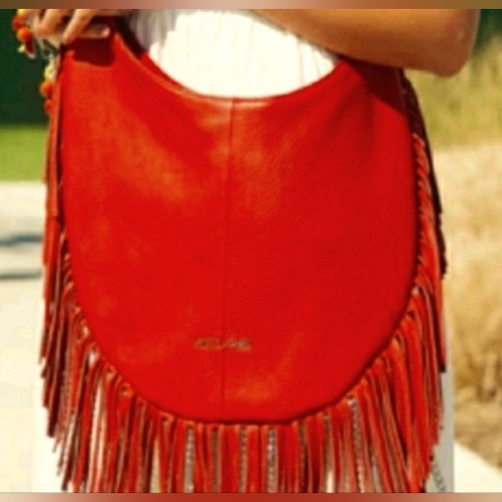 NWT Sassy Jones Leather Bag - Red Dina Pebbled Leather Fringe Crossbody Hobo - Picture 12 of 13